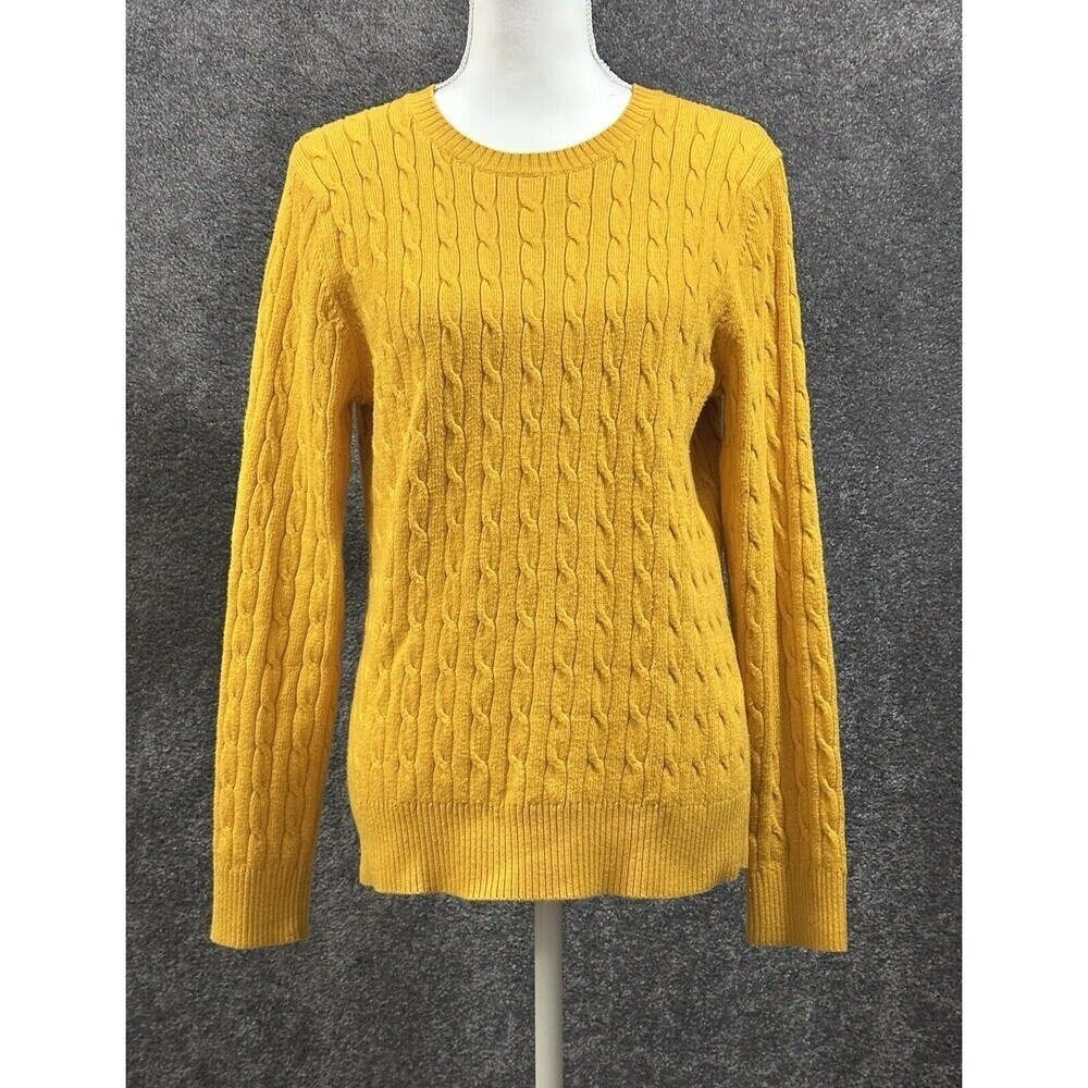 Lands End Womens Sweater Size M 10 12 Yellow Drifter Cable Knit Cotton Pullover